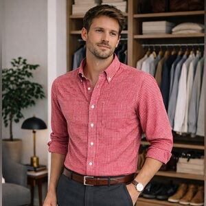 Club Monaco Red Micro-Check Button-Down Shirt – Men’s Small (Slim Fit)